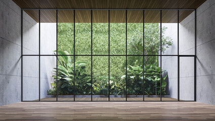 Empty room with large window to see wooden courtyard and green tropical tree wall background 3d render illustration - obrazy, fototapety, plakaty