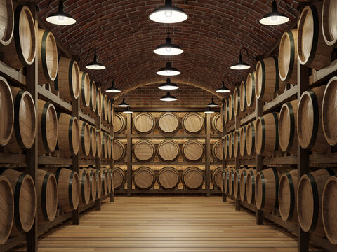 Underground wine cellar with arch shape brick structure 3d render There wood barrel rack ecorate with industrial style lamp