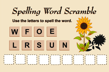 Spelling scramble game template for sunflower illustration