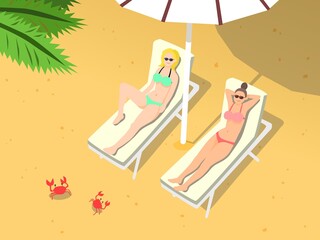 ビーチで日焼けする２人の女性