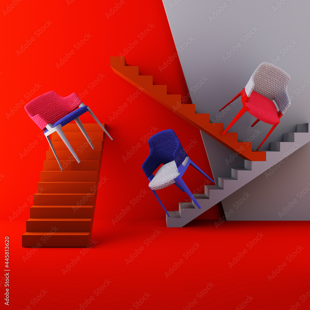 Poster red and blue color chairs, sofa, armchair in empty background. surrounding by geometric shape concep