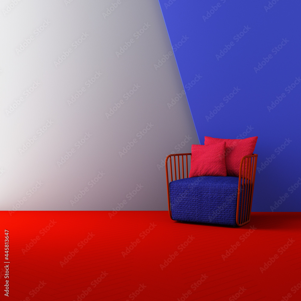 Poster red and blue color chairs, sofa, armchair in empty background. surrounding by geometric shape concep