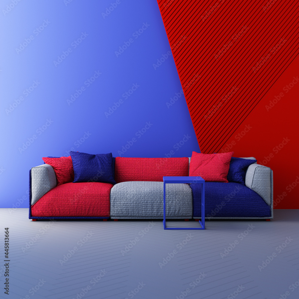 Poster red and blue color chairs, sofa, armchair in empty background. surrounding by geometric shape concep