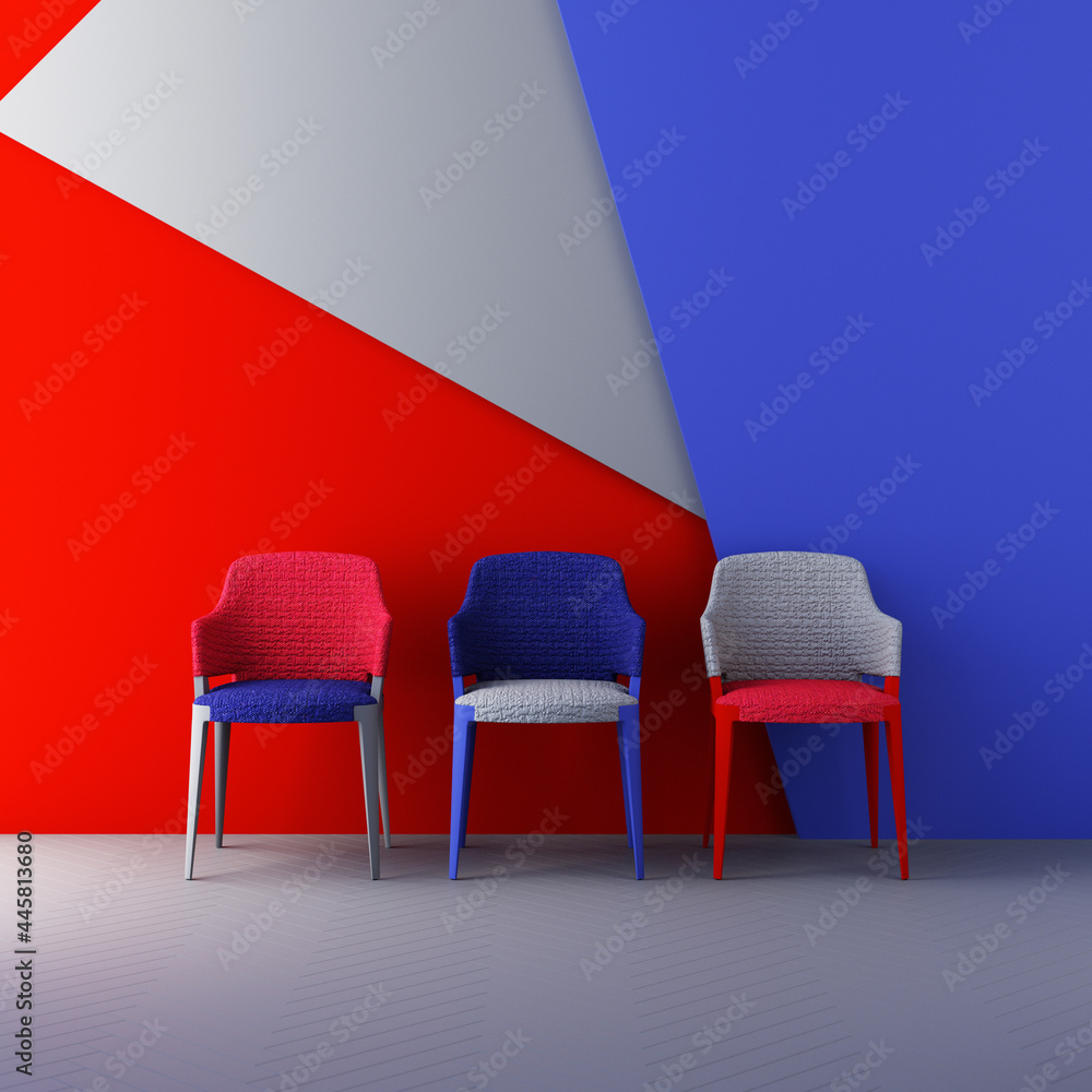 Poster red and blue color chairs, sofa, armchair in empty background. surrounding by geometric shape concep