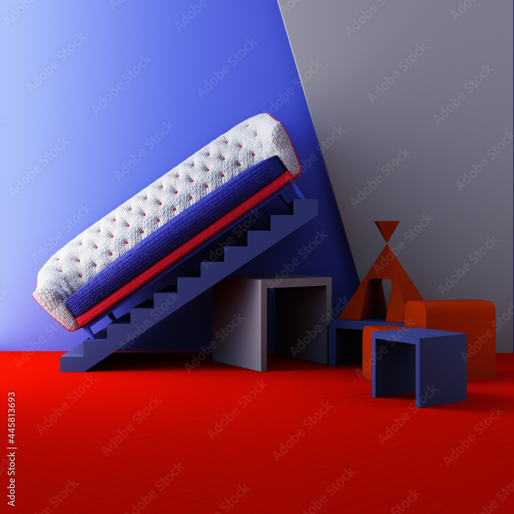 Poster red and blue color chairs, sofa, armchair in empty background. surrounding by geometric shape concep