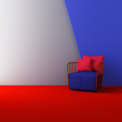 Red and blue color chairs, sofa, armchair in empty background. surrounding by geometric shape Concept of minimalism  installation art. 3d rendering mock up