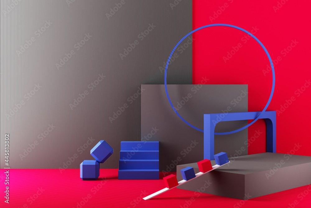 Poster minimal abstract geometric background with direct sunlight in shades of red and blue. showcase scene