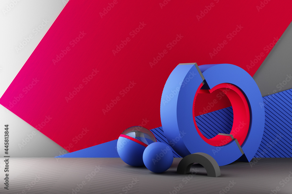 Poster minimal abstract geometric background with direct sunlight in shades of red and blue. showcase scene