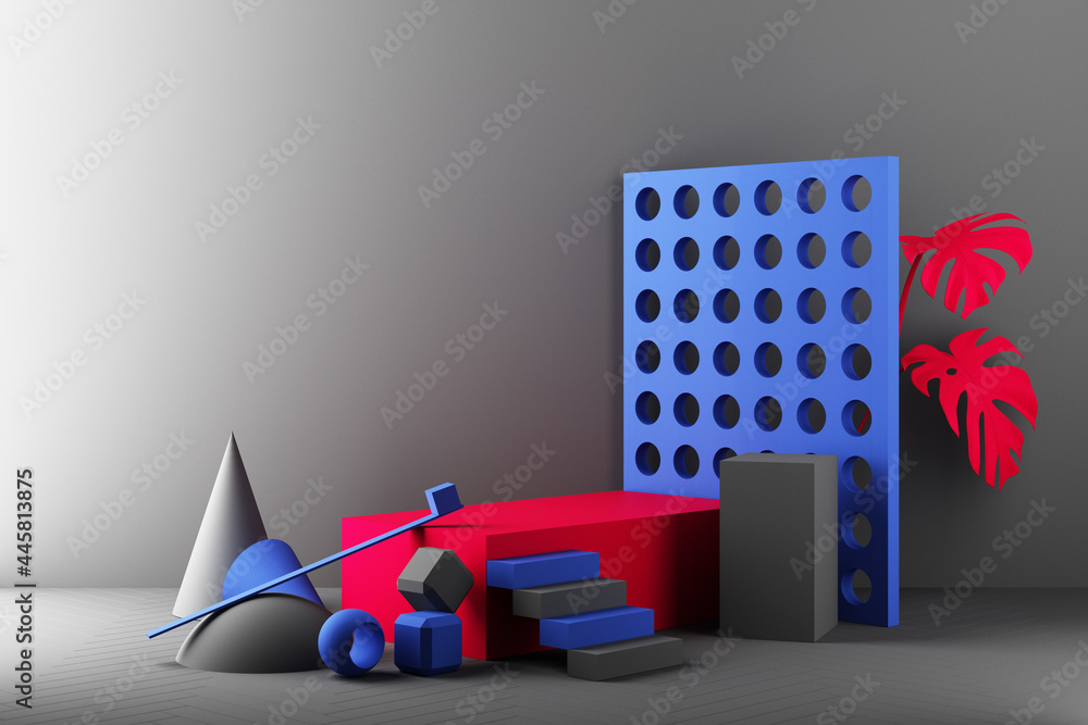 Poster minimal abstract geometric background with direct sunlight in shades of red and blue. showcase scene