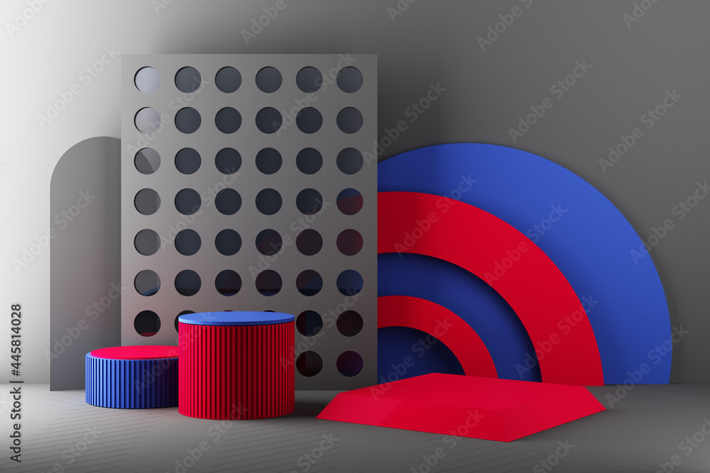 Poster minimal abstract geometric background with direct sunlight in shades of red and blue. showcase scene
