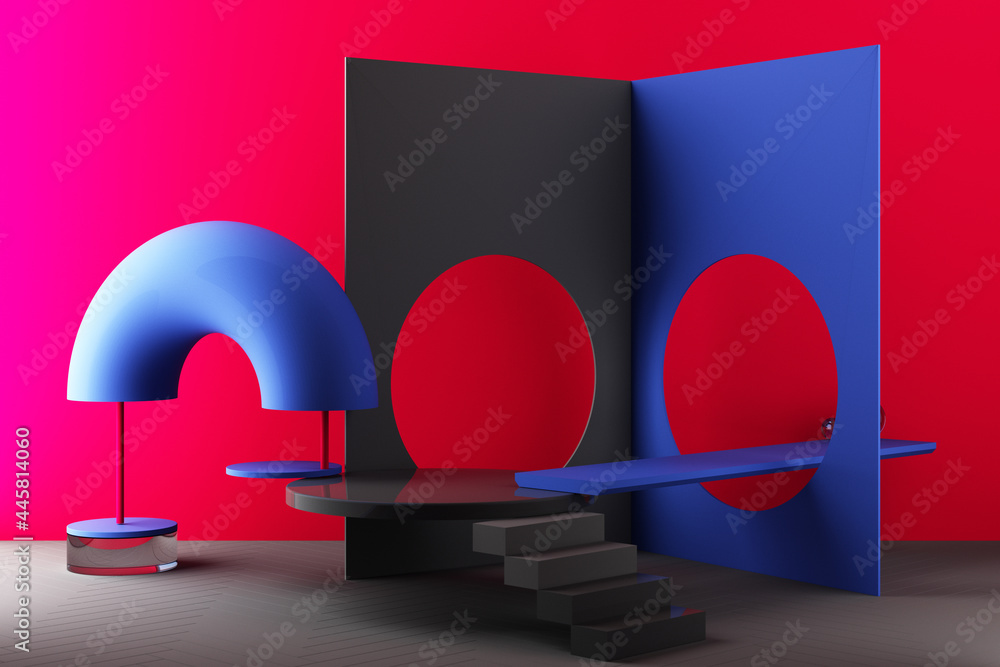 Poster minimal abstract geometric background with direct sunlight in shades of red and blue. showcase scene