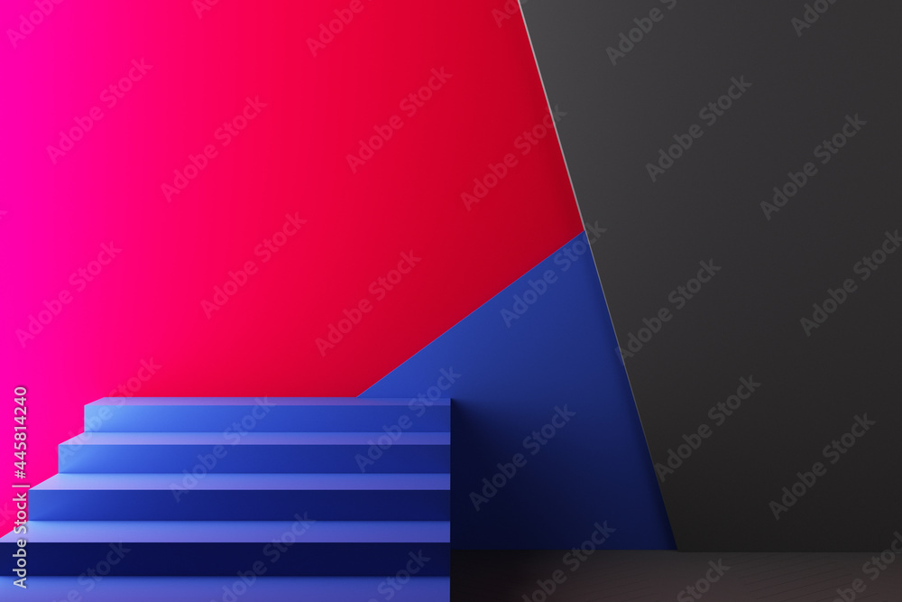 Poster minimal abstract geometric background with direct sunlight in shades of red and blue. showcase scene