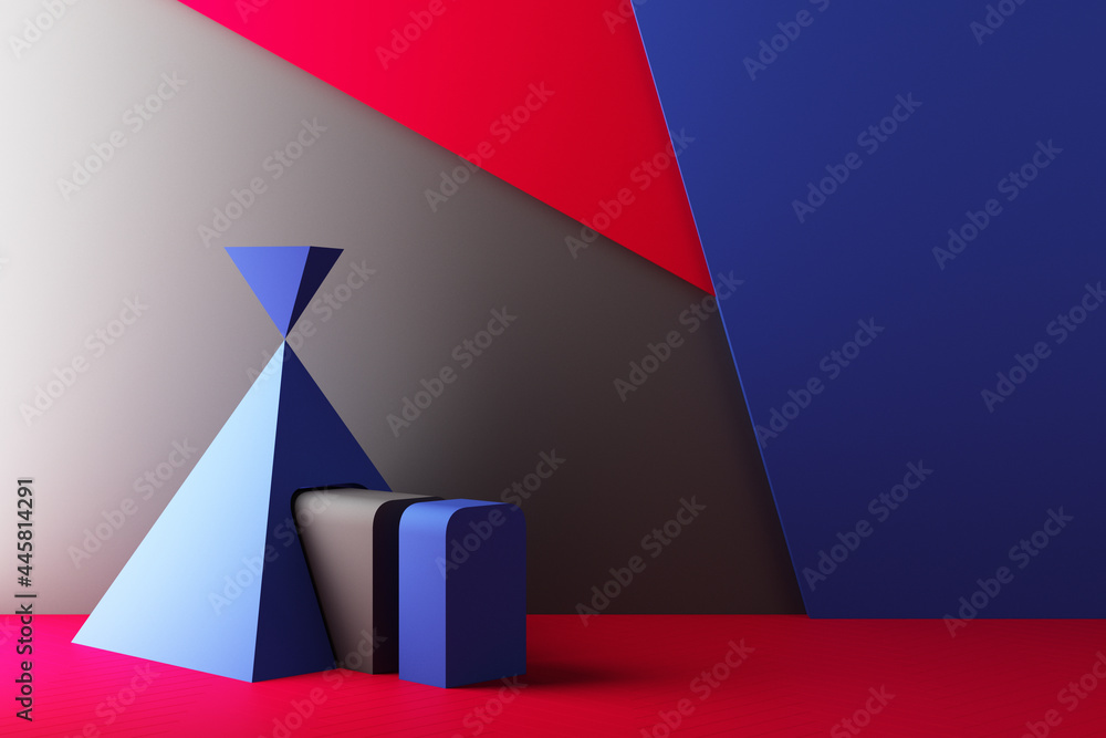 Poster minimal abstract geometric background with direct sunlight in shades of red and blue. showcase scene