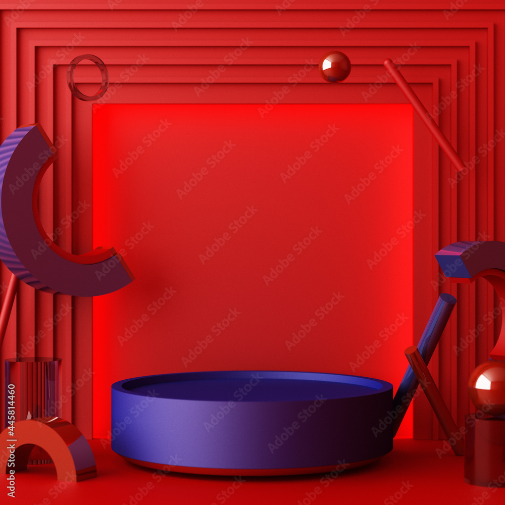 Poster minimal abstract geometric background with direct sunlight in shades of red and blue. showcase scene