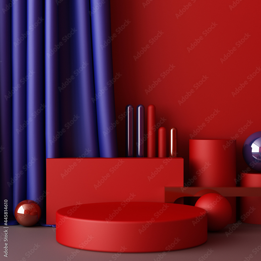 Poster minimal abstract geometric background with direct sunlight in shades of red and blue. showcase scene
