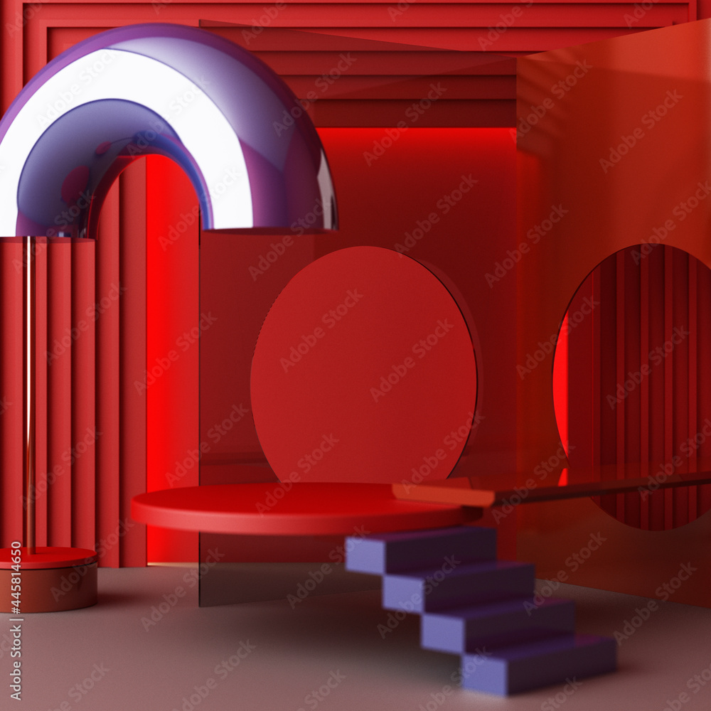 Poster minimal abstract geometric background with direct sunlight in shades of red and blue. showcase scene