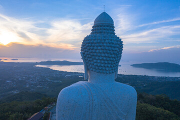 aerial view head of Phuket big Buddha in blue sunrise..Phuket Big Buddha is one of the island most important and revered landmarks on the island..image for travel and culture concept. © Narong Niemhom