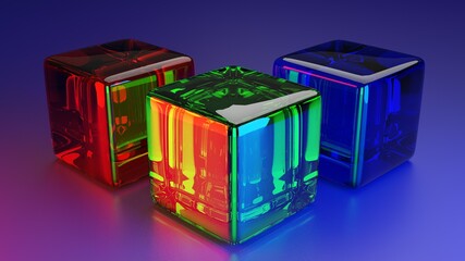 3D rendering of square clear glass cube Red, green, blue, RGB concept, placed on a dark background with reflections