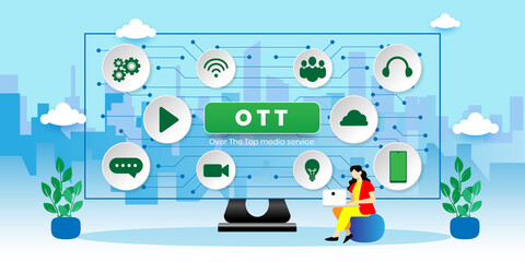 OTT over the top media distribution movie and music concept With icons. Cartoon Vector People Illustration