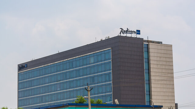 A view of Radisson Blu hotel building located in Faridabad, Haryana