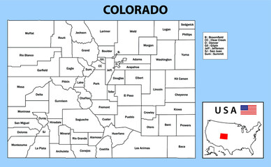 Colorado map. District map of colorado in white color. District map with USA.