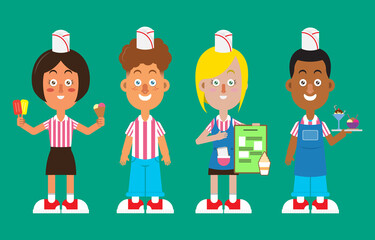 Group of people from all races wearing ice cream sales uniform and holding a plate of ice cream, serving, carrying menu at billboard, and promote a new variant ice cream