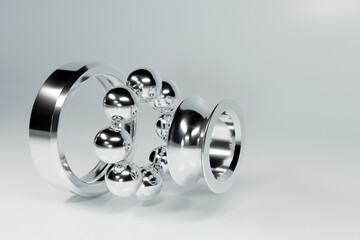 3D illustration metal silver  disassembled ball bearing with balls on  gray  isolated background. Bearing industrial. Part of the car