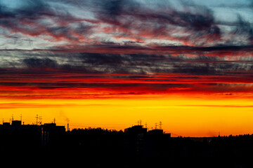 dramatic summer evening orange sky, bright colorful sunset
