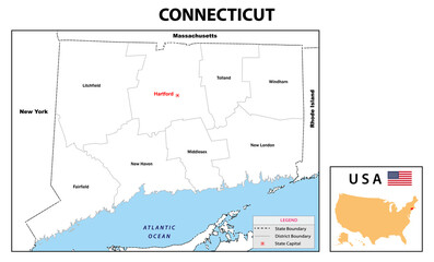 Connecticut Map. State and district map of Connecticut. Administrative and political map of Connecticut with neighboring countries and border in white color.