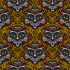 Tiger leopard exotic animal head in Lunar zodiac style seamless pattern. Hand drawn ornament wild cat magic background.