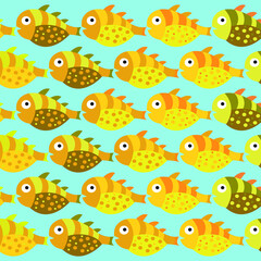 Seamless vector pattern with cute yellow and green decorative fish. Funny multicolor background, sea texture