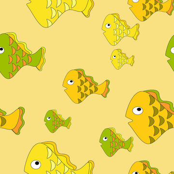 Seamless pattern with painted colorful fishes. Can be used for wallpaper, textiles, packaging, cards, covers. Small colorful fish on a yellow background.