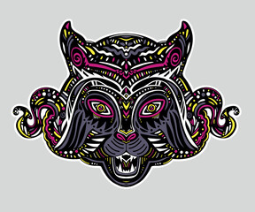 Tiger exotic animal head in Lunar zodiac style. Hand drawn wild cat magic composition retro traditional tattoo style.