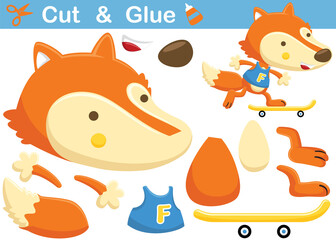 Fox playing skateboard. Education paper game for children. Cutout and gluing. Vector cartoon illustration