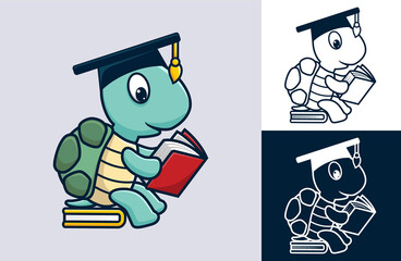 Funny turtle wearing graduation hat sitting on book while reading book. Vector cartoon illustration in flat icon style