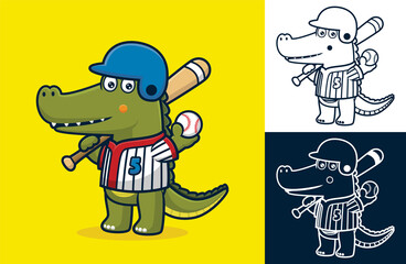 Funny crocodile wearing baseball uniform while holding baseball bat and ball. Vector cartoon illustration in flat icon style
