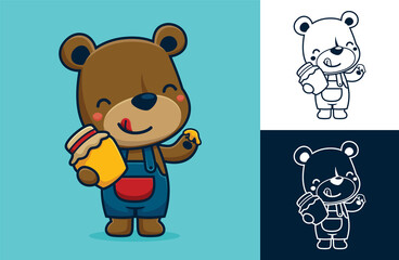 Obraz premium Cute bear standing while holding honey jar. Vector cartoon illustration in flat icon style
