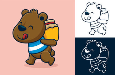 Funny bear carrying honey jar on its back. Vector cartoon illustration in flat icon style