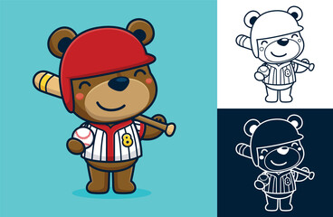 Funny bear wearing baseball uniform while holding baseball bat and ball. Vector cartoon illustration in flat icon style