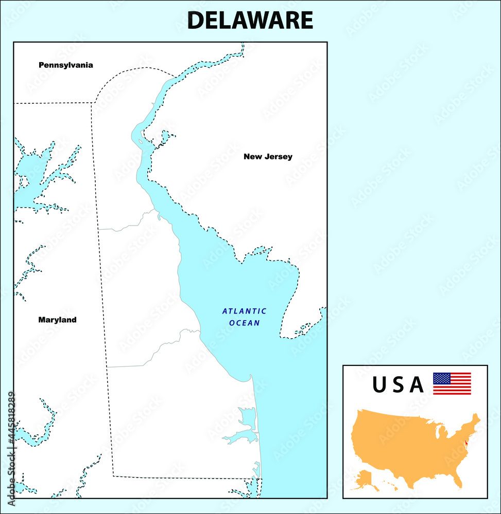 Poster Delware map. Political map of Delware in Outline. District map with USA.