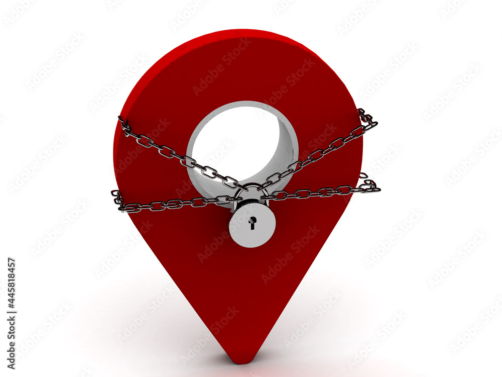 Fototapete red map pointer with security icon isolated ,3d rendering navigation point with chain and pad lock