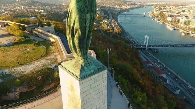 The Statue of Liberty standing on Mount Gellert. Budapest, Hungary. Shooting date October 31, 2020