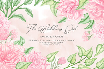 Fototapeta na wymiar Floral wedding banner template set with pink roses flowers and leaves