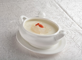 luxury Chinese chilled hashima with almond soybean pudding and herbal in white bowl asian healthy Halal dessert menu
