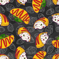 Omurice with ketchup. Scrambled eggs stuffed with fried rice. Japanese omlette. Traditional Asian Japanese bento dish. Vintage retro style. Seamless background with pattern.