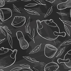 Set of items for traditional japanese tea ceremony. Teapot, green tea leaves, matcha powder, whisk, cup. Asian cuisine. Seamless background with pattern. Chalk board.