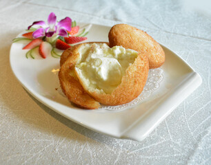 deep fried crispy bread wrapped with cold vanilla ice cream Halal dessert menu