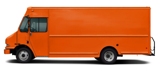 Modern American cargo minibus orange color side view. Isolated on a white background.