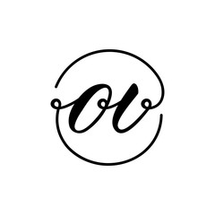o v initials in the circle. business logo. cursive letters. simple monogram. brand identity. handwritten sign. vector symbol template. black and white image. round logotype