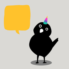 Doodle sketch Bird unicorn with speech bubble. Cartoon vector bird with talking bubble. Domestic animal. Postcard, poster design. Hand drawing. Good for print design, shirts. 